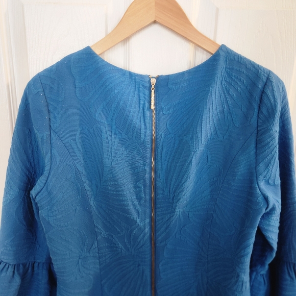 Lilly Pulitzer Women 10 Blue Viola Stretch Midi Dress Macaw Flare Jacquard Shell - Picture 9 of 10